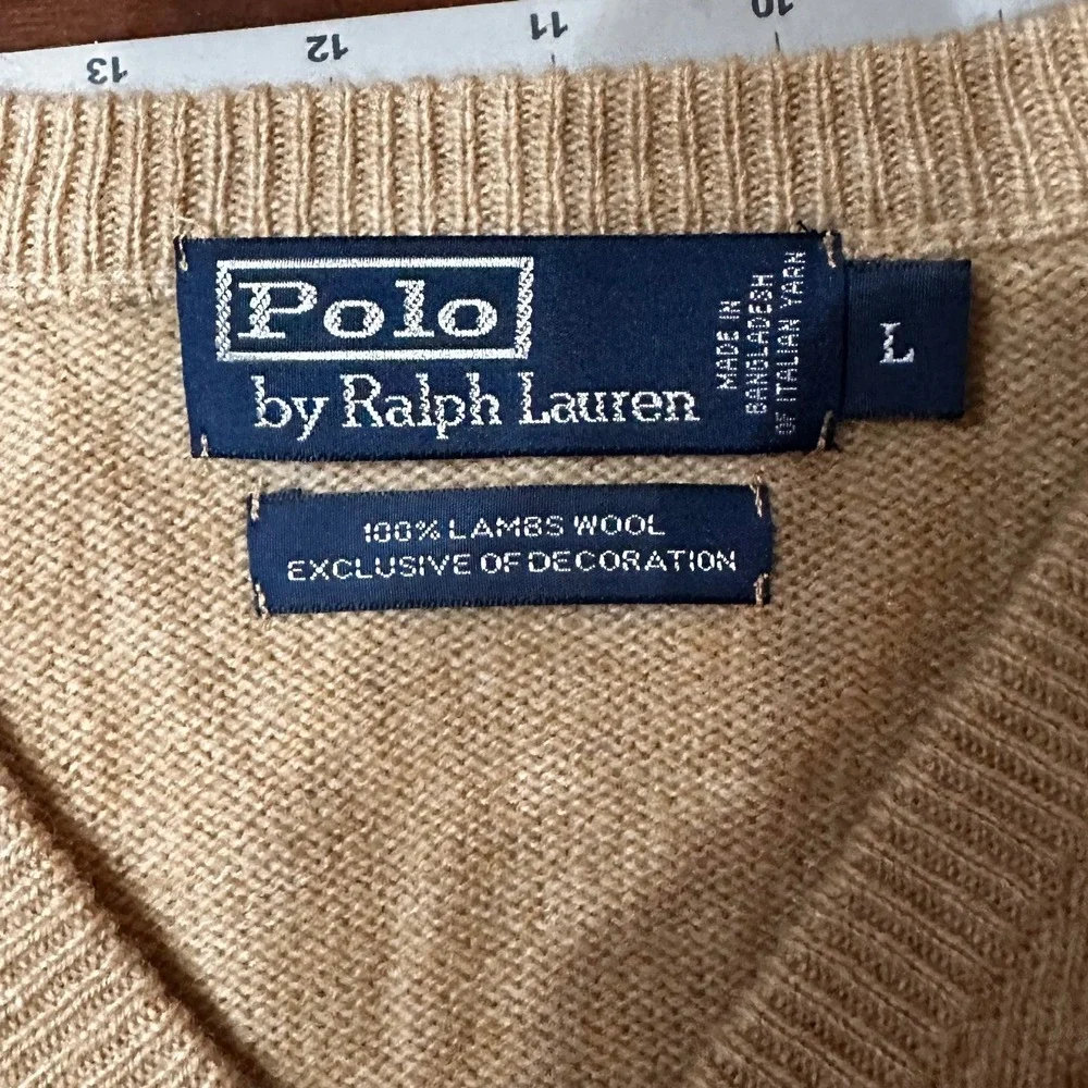 Polo Ralph Lauren Mens Tan V Neck‎ 100% Lambswool Sweater Size L